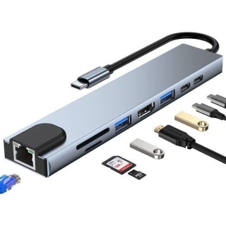 Hub USB C 8en1 Vers HDMI 4K, Rj45, 2 USB 3.0, SD/TF, USB-C et USB-C PD 87W