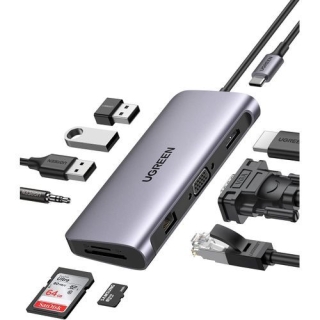 HUB Type-C 10-en-1: 3 x USB 3.0 + HDMI + VGA + RJ45 + TF + SD + Jack Audio + Type-C PD 100W
