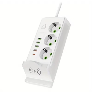 Multiprise Blanc Avec Chargeur Sans Fil – Support De Téléphone Intégré, USB & Prises Européennes