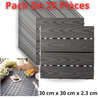 Pack De 25 Dalles Clipsables Composite Bois-Plastique 30×30 cm – Imperméable, Antidérapante – En Gris Pour Terrasse & Jardin