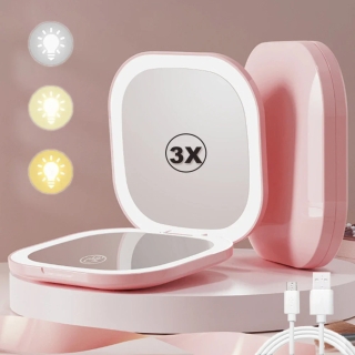 Miroir Cosmétique De Poche En Rose à LED – Double Face, Pliable et Grossissant