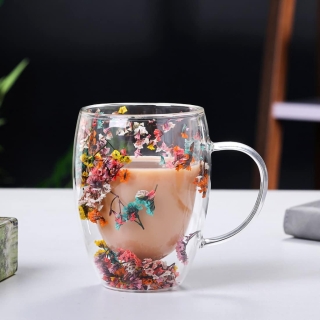 Tasse en Verre à Double Paroi 350 ml – Design Floral