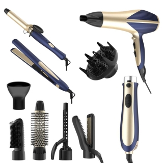 Coffret Sèche-Cheveux Florence 12 en 1 – 2200W – Bleu & Doré