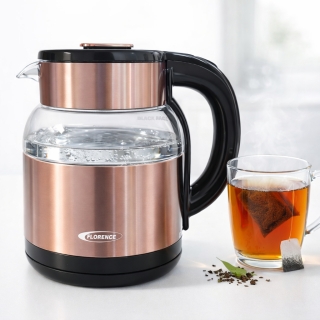 FLORENCE Bouilloire Électrique 2L – 1500W – Verre & Plastique - Marron - Modèle HK464