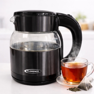 FLORENCE Bouilloire Électrique 2L – 1500W – Verre & Plastique - Noir - Modèle HK464