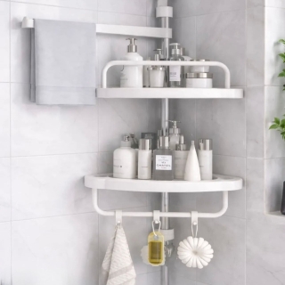 Étagère D'angle Pour Salle de Bain Autocollante - 2 Niveaux Avec Crochets