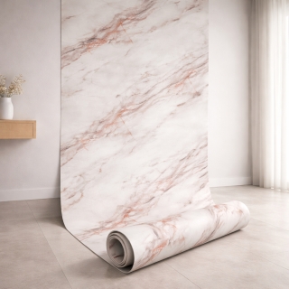 Rouleau Panneau Mural Autocollant Blanc Effet Marbre Avec Des Veines Rosées 60 cm x 2,80 m