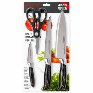 KUNISON Set de Couteaux 4 Pièces avec Ciseaux – Finition Noir Marbre - Acier Inoxydable
