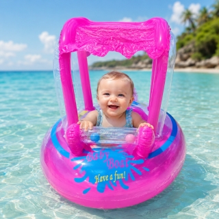 Bouée Gonflable Bébé avec Pare-Soleil – Flotteur de Piscine pour Enfant – 71 x 60 cm - Rose