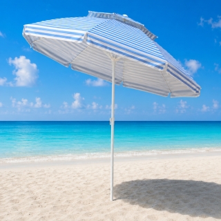 Parasol de Plage Double Toit Inclinable – 2,2 m – Blanc Avec Rayures Bleu