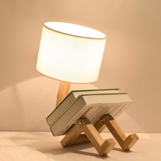 Lampe de Table en Bois Ajustable et Pliable avec Abat-jour en Lin