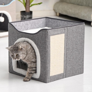 Maison pour Chat ou Petit Chien Pliable avec Tapis Réversible Été/Hiver et Griffoir Intégré - Gris