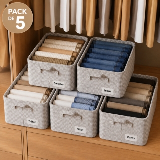 Pack de 5 Paniers de Rangement en Tissu Imperméable 26L Beige – Organisateurs Pliables avec Poignées