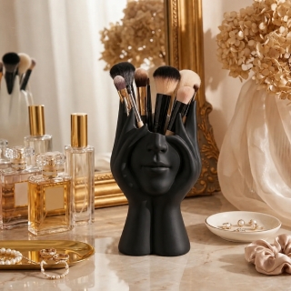 Pot à Pinceaux de Maquillage Design Visage – Organisateur de Bureau Multifonction Noir