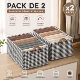 Pack de 2 Paniers de Rangement Pliables Noir et Blanc 47 × 28 × 19 cm – Paniers à Linge Multifonctions