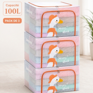 Pack de 3 Boîtes de Rangement Pliables 100L 60x40 x 40cm – Motif Happy Duck Imprimé – Double Fermeture