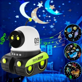 Projecteur Forme Robot avec 6 Motifs – Veilleuse LED pour Enfant – Projection Ciel Étoilé, Planètes, Dinosaures et Animaux Marins