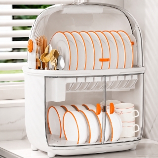 Organisateur et Égouttoir à Vaisselle 2 Niveaux Avec Couvercle Anti-Poussière -44,3 x 37,8 × 28,3 - Orange