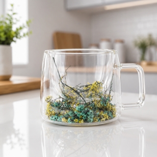 Tasse à Café en Verre Double Paroi 200 ml avec Fleur Sèche Jaune & Bleu