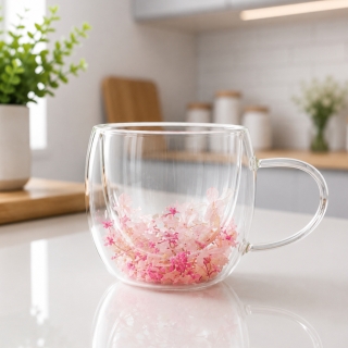 Tasse à Café en Verre Double Paroi 200 ml avec Fleur Sèche Rose