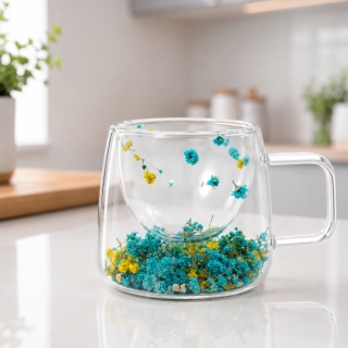 Tasse à Café en Verre Double Paroi 200 ml avec Fleurs Sèches Jaune & Bleu