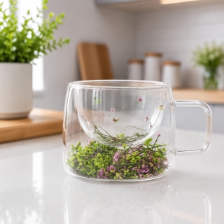 Tasse à Café en Verre Double Paroi 200 ml avec Fleurs Sèches Vert & Rose