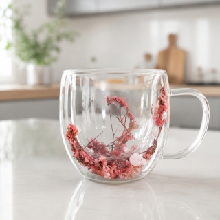 Tasse à Café en Verre Double Paroi 200 ml avec Fleurs Sèches Rouge