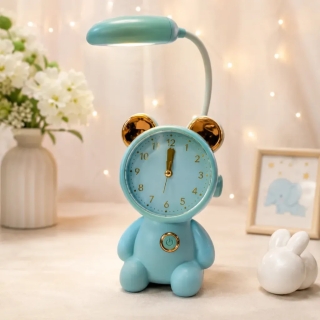 Horloge et Lampe de Bureau LED Rechargeable 2-en-1 avec Design Ourson – Horloge Analogique – Bleu Ciel