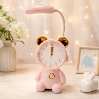 Horloge et Lampe de Bureau LED Rechargeable 2-en-1 avec Design Ourson – Horloge Analogique – Rose