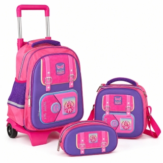 Ensemble Scolaire 3 Pièces Princesse 3D avec Chariot à Roulettes – Cartable, Trousse et Sac Repas – De la 1ʳᵉ à la 4ᵉ Année