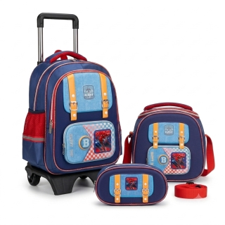 Ensemble Scolaire 3 Pièces Spider-Man 3D avec Chariot à Roulettes – Cartable, Trousse et Sac Repas – De la 1ʳᵉ à la 4ᵉ Année