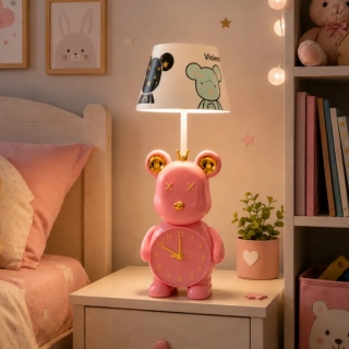 Horloge et Lampe de Bureau LED Rechargeable 2-en-1 Ourson Rose