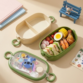 Lunch Box Enfant Stitch 2 Étages – 4 Compartiments – 700 ml par Étage avec Fourchette-Cuillère - Vert