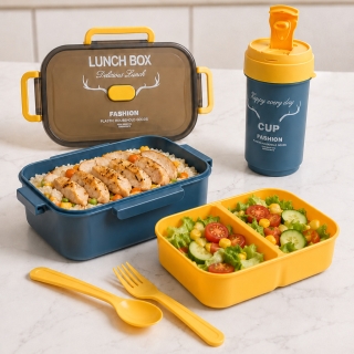 Pack Lunch Box Enfant 1000 ml avec 3 Compartiments, Couverts et Bouteille 500 ml - Rectangulaire - Bleu