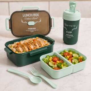 Pack Lunch Box Enfant 1000 ml avec 3 Compartiments, Couverts et Bouteille 500 ml - Rectangulaire - Vert