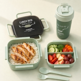 Pack Lunch Box Enfant 1000 ml avec 3 Compartiments, Couverts et Bouteille 500 ml - Carré - Vert