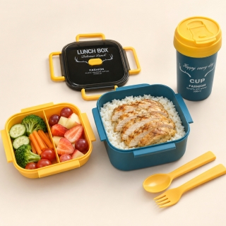 Pack Lunch Box Enfant 1000 ml avec 3 Compartiments, Couverts et Bouteille 500 ml - Carré - Bleu