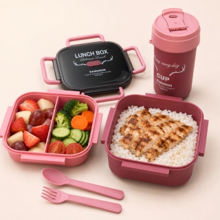 Pack Lunch Box Enfant 1000 ml avec 3 Compartiments, Couverts et Bouteille 500 ml - Carré - Rose