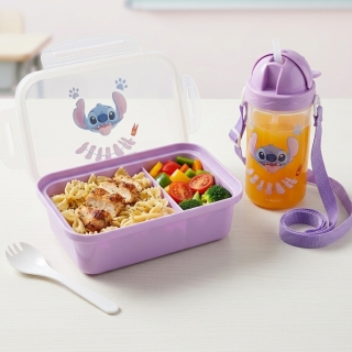 Lunch Box Stitch Enfant avec Bouteille 380 ml et Cuillère-Fourchette – 2 Compartiments - Violet