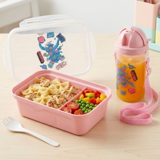 Lunch Box Stitch Enfant avec Bouteille 380 ml et Cuillère-Fourchette – 2 Compartiments - Rose