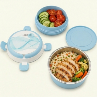 Boîte à Lunch Thermique 2 Compartiments en Acier Inoxydable – Format Rond avec Couvercle - Bleu