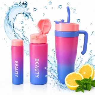Set de 3 Gourdes Sans BPA – 1200 ml + 700 ml + 260 ml – avec Paille et Poignée - Rose