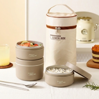 Ensemble de 3 Boîtes à Lunch Isolées en Acier Inoxydable Avec Panier Isotherme – Marron
