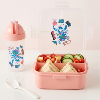 Lunch Box Stitch Carrée Enfant 3 Compartiments avec Bouteille 300 ml et Fourchette-Cuillère - Rose