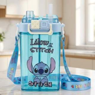 Gourde Enfant Stitch 600 ml à 2 Compartiments avec Paille et Bec Verseur –Bleu