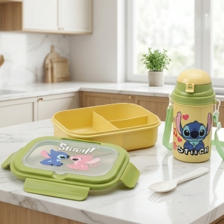 Boîte Lunch Enfant Stitch 3 Compartiments avec Gourde 450 ml - Vert