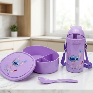 Boîte Lunch Enfant Stitch 3 Compartiments avec Gourde 380 ml et Cuillère-Fourchette - Violet