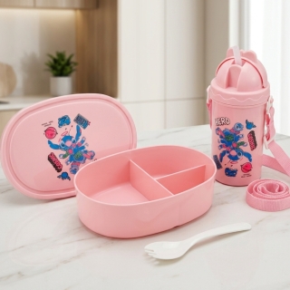 Boîte Lunch Enfant Stitch 3 Compartiments avec Gourde 380 ml et Cuillère-Fourchette - Rose