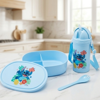 Boîte Lunch Enfant Stitch 3 Compartiments avec Gourde 380 ml et Cuillère-Fourchette - Bleu
