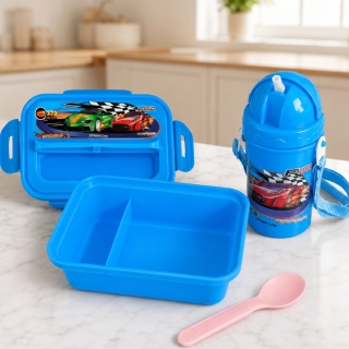 Lunch Box Enfant Racing avec Gourde 380 ml et Cuillère – Boîte Repas Compartimentée avec Paille - Bleu